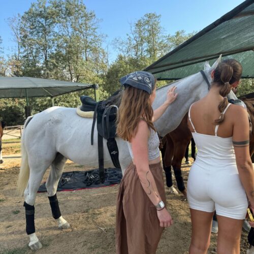 Jules and Alanna pet a white polo pony at the polo club in Tuscany. Chandra Vida Retreats.