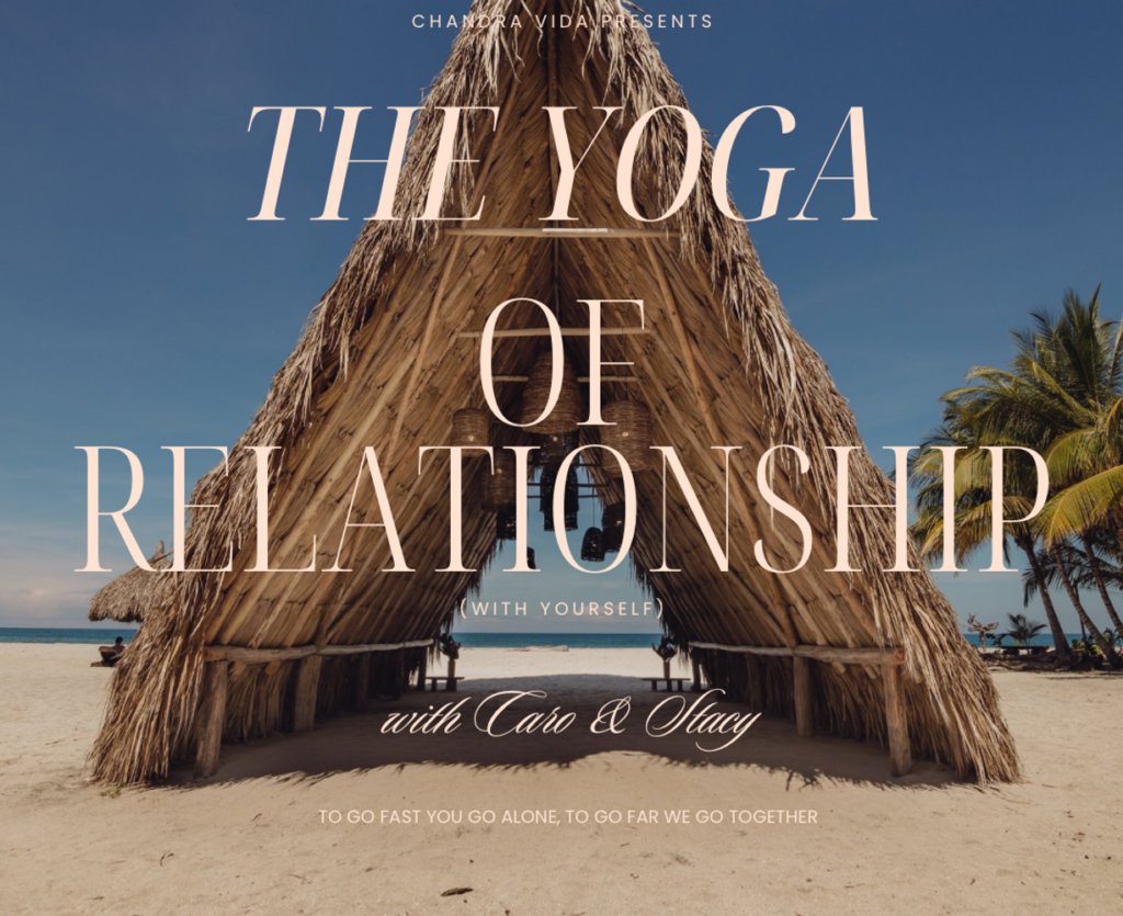 The yoga of relationship poster. A thatched roof a-frame with a blue sky in the background in colombia. Chandra Vida retreats.